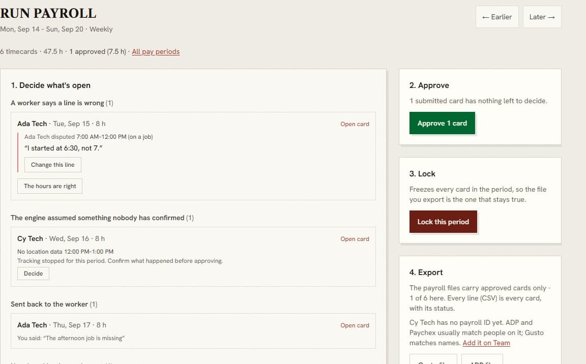Punchless payroll review with timecard decisions, approval, locking, and export